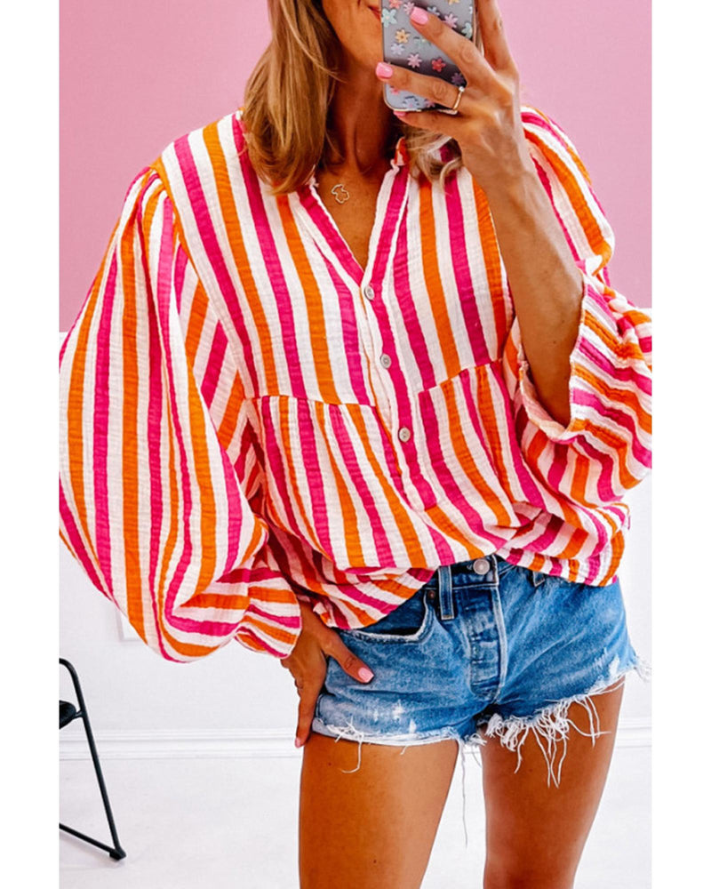 Orange Stripe Balloon Sleeve Notched V Neck Buttoned Front Blouse - XL