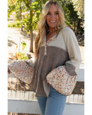 Goat Colorblock Floral Patchwork Flared Sleeve Buttons Henley Top - L