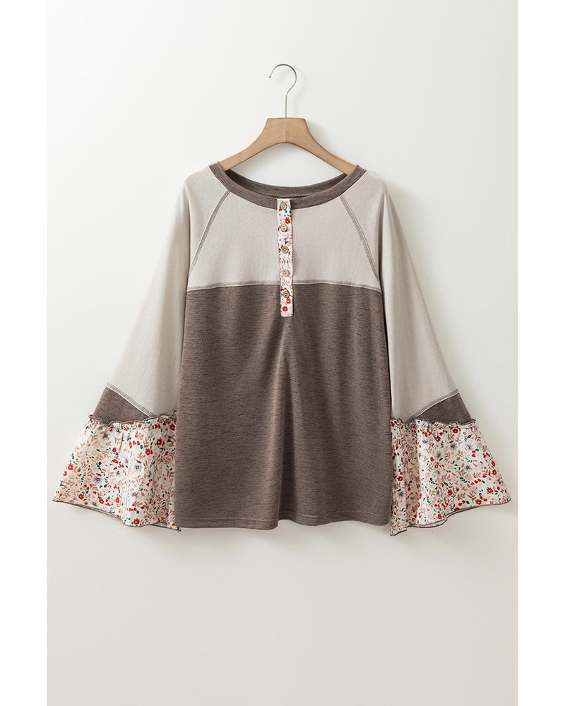 Goat Colorblock Floral Patchwork Flared Sleeve Buttons Henley Top - L