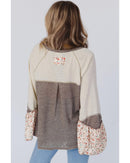 Goat Colorblock Floral Patchwork Flared Sleeve Buttons Henley Top - L