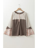 Goat Colorblock Floral Patchwork Flared Sleeve Buttons Henley Top - M