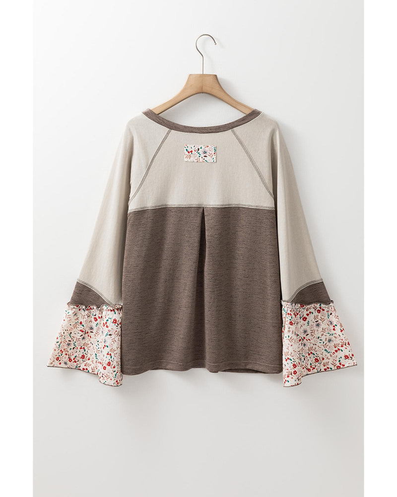 Goat Colorblock Floral Patchwork Flared Sleeve Buttons Henley Top - M