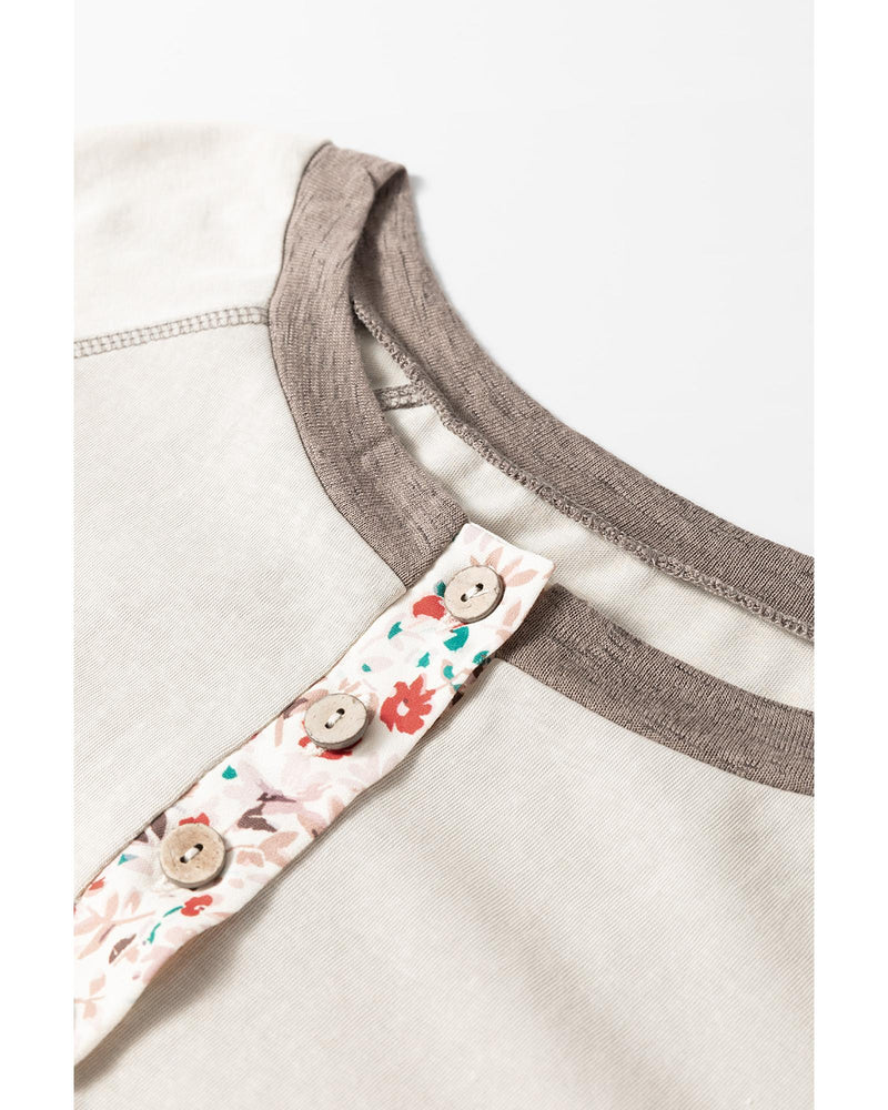 Goat Colorblock Floral Patchwork Flared Sleeve Buttons Henley Top - M