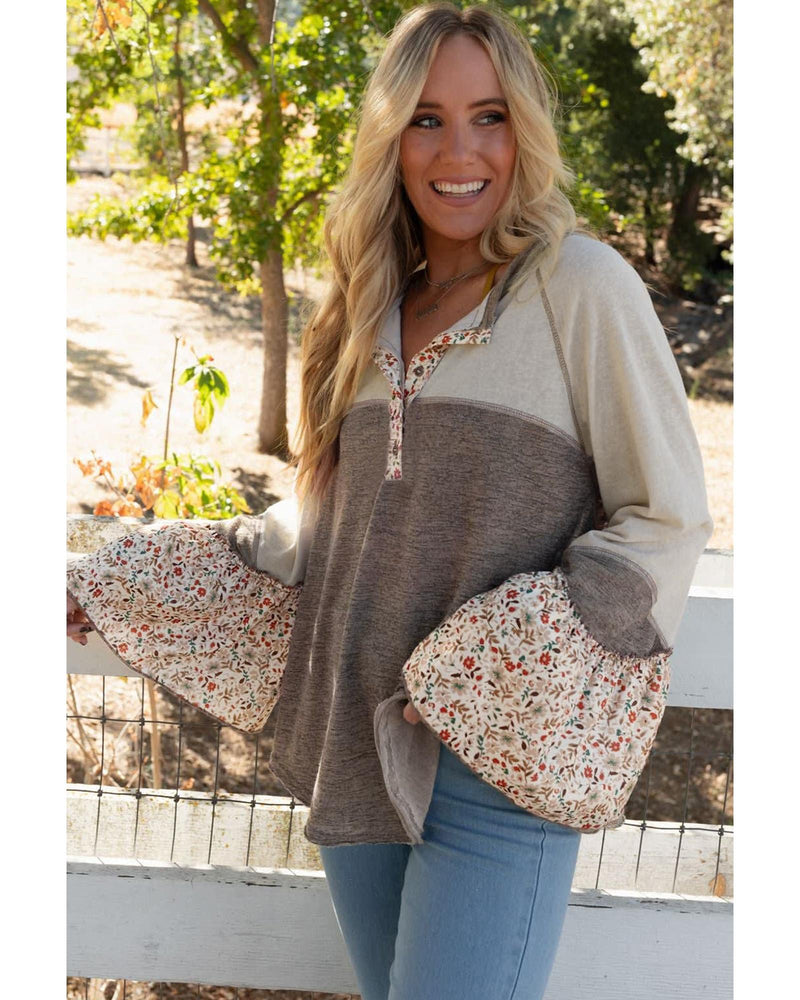 Goat Colorblock Floral Patchwork Flared Sleeve Buttons Henley Top - S