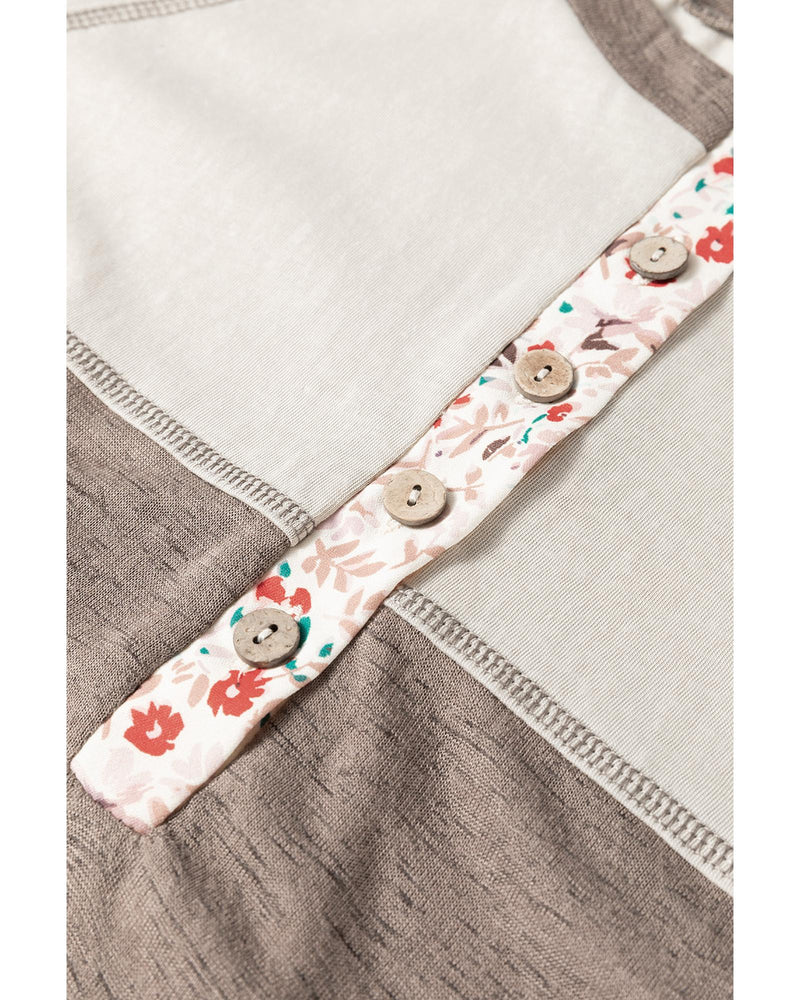 Goat Colorblock Floral Patchwork Flared Sleeve Buttons Henley Top - S
