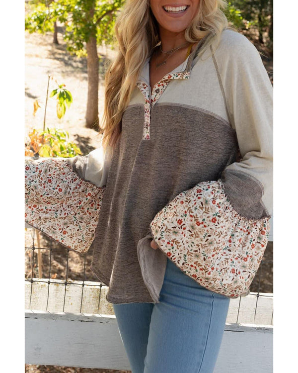 Goat Colorblock Floral Patchwork Flared Sleeve Buttons Henley Top - XL