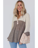 Goat Colorblock Floral Patchwork Flared Sleeve Buttons Henley Top - XL