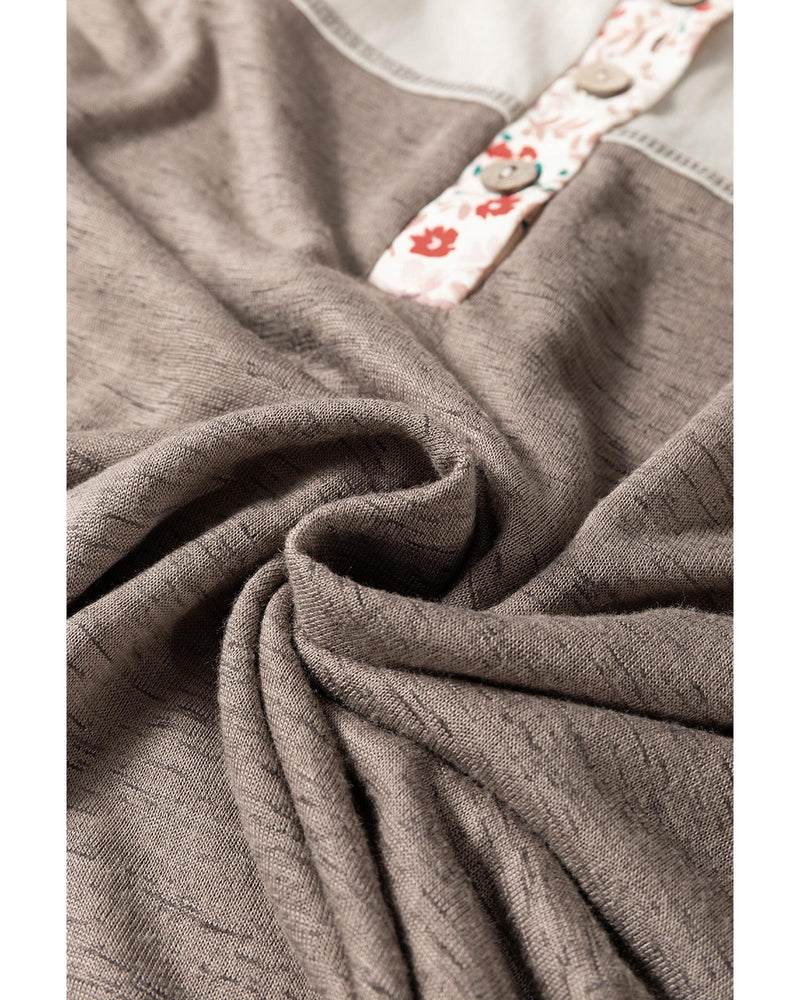 Goat Colorblock Floral Patchwork Flared Sleeve Buttons Henley Top - XL