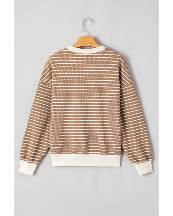 Khaki Stripe Patched Edge Textured Round Neck Long Sleeve Top - L