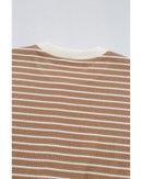 Khaki Stripe Patched Edge Textured Round Neck Long Sleeve Top - L