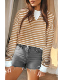 Khaki Stripe Patched Edge Textured Round Neck Long Sleeve Top - L
