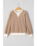 Khaki Stripe Patched Edge Textured Round Neck Long Sleeve Top - XL