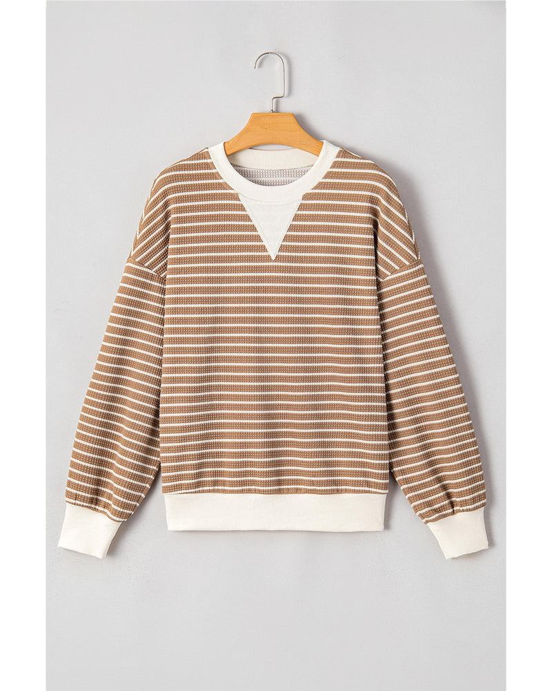 Khaki Stripe Patched Edge Textured Round Neck Long Sleeve Top - XL