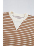 Khaki Stripe Patched Edge Textured Round Neck Long Sleeve Top - XL