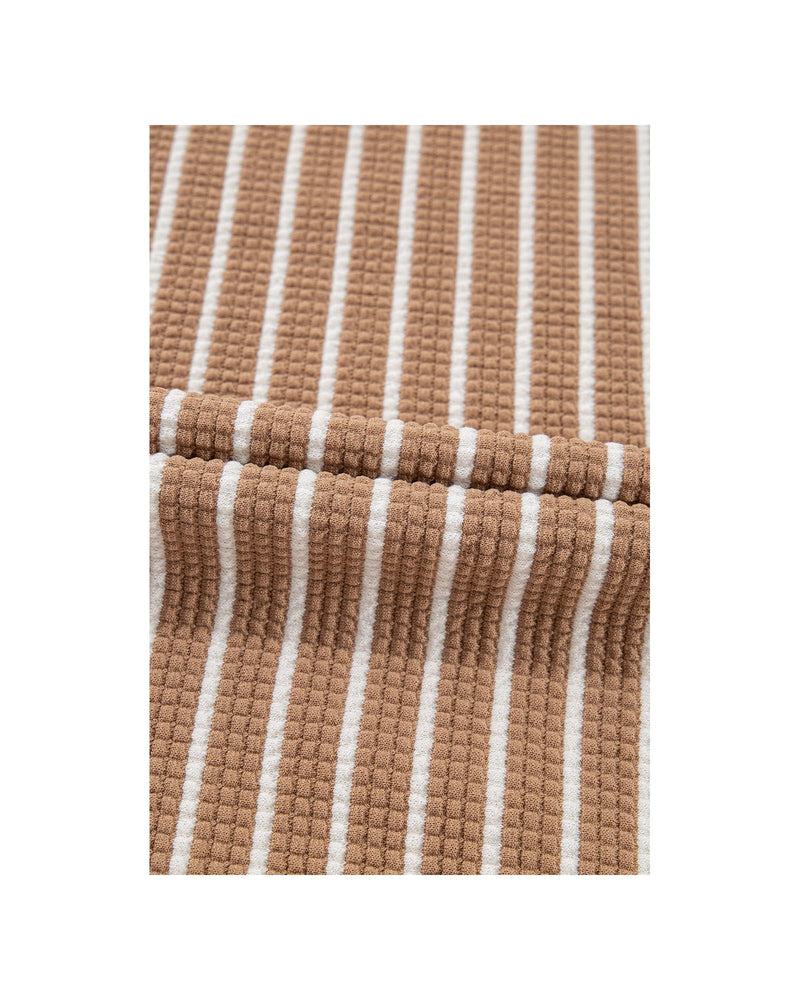 Khaki Stripe Patched Edge Textured Round Neck Long Sleeve Top - XL