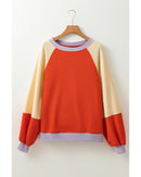 Orange Color Block Side Slits Raglan Sleeve Loose Fit Top - M