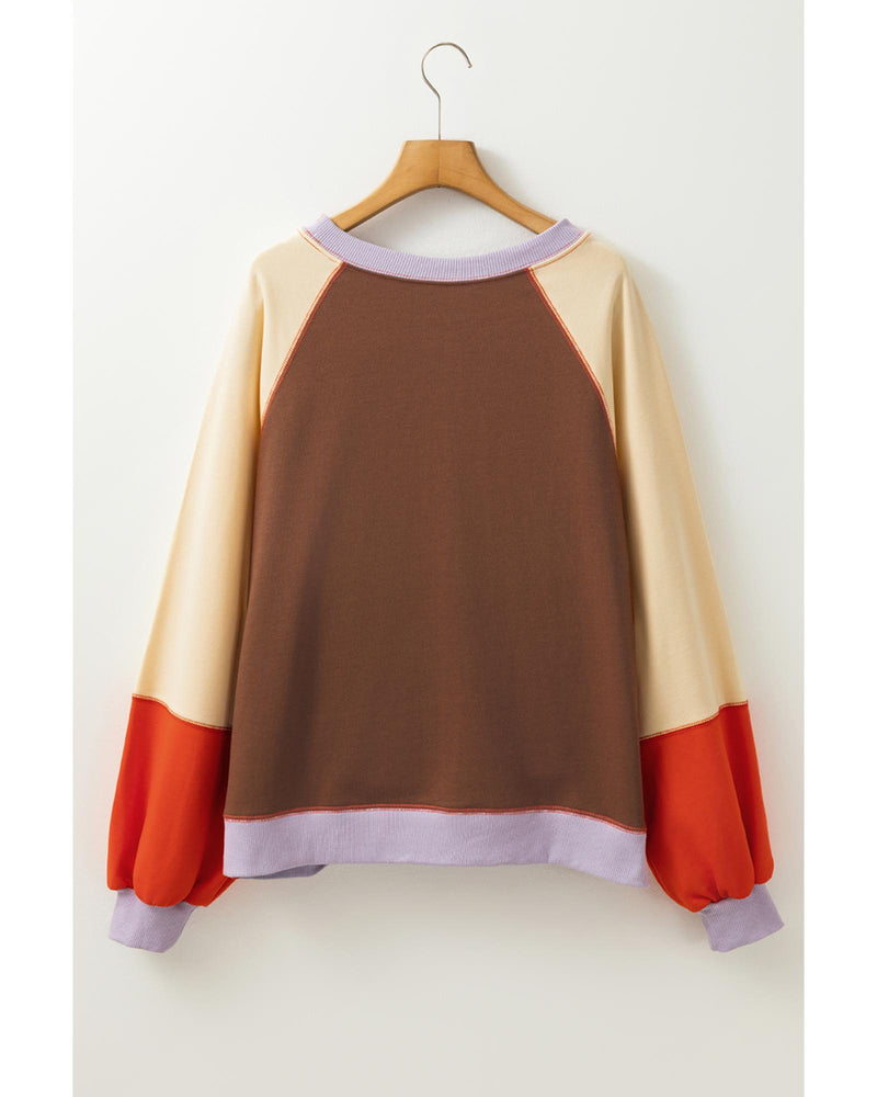 Orange Color Block Side Slits Raglan Sleeve Loose Fit Top - M