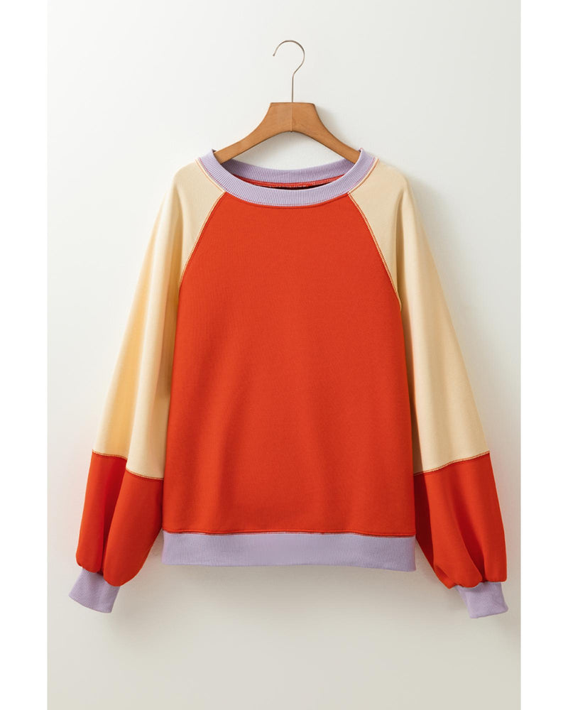 Orange Color Block Side Slits Raglan Sleeve Loose Fit Top - S