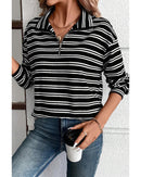 Black Stripe Textured Quarter Zip Collar Long Sleeve Top - L