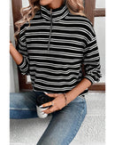 Black Stripe Textured Quarter Zip Collar Long Sleeve Top - L