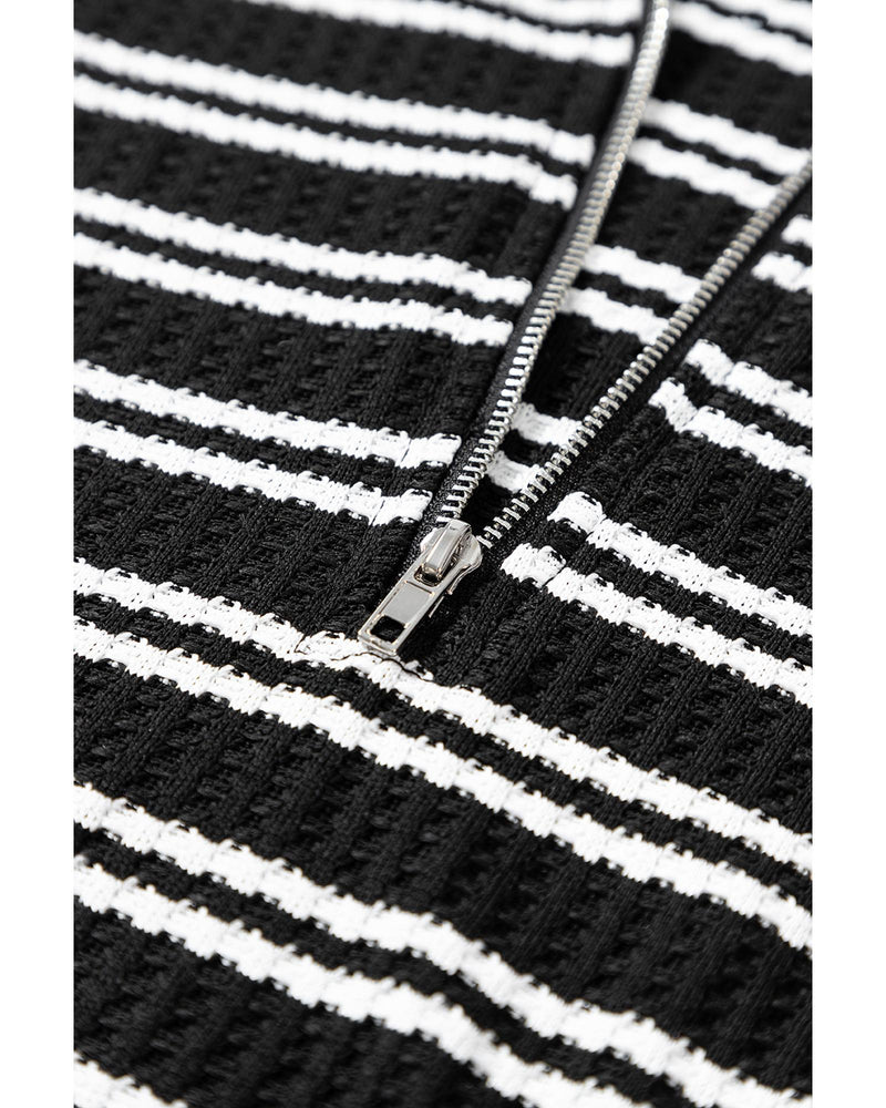 Black Stripe Textured Quarter Zip Collar Long Sleeve Top - L