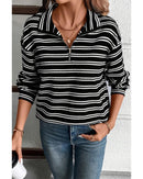 Black Stripe Textured Quarter Zip Collar Long Sleeve Top - L