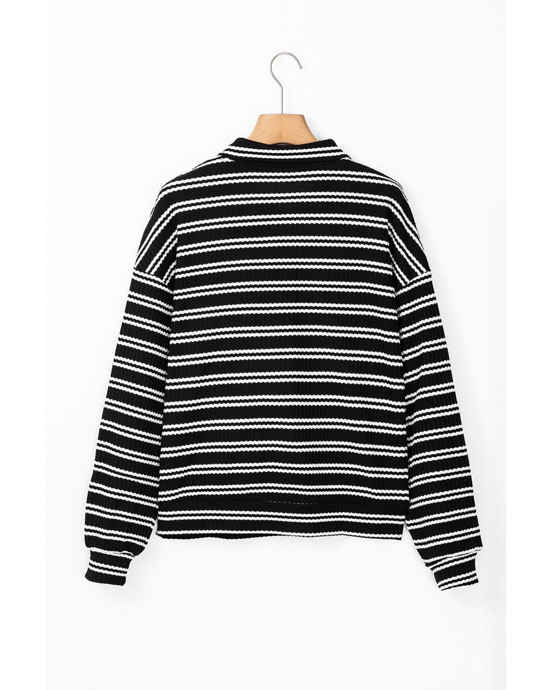 Black Stripe Textured Quarter Zip Collar Long Sleeve Top - M