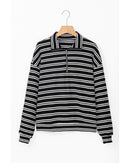 Black Stripe Textured Quarter Zip Collar Long Sleeve Top - M