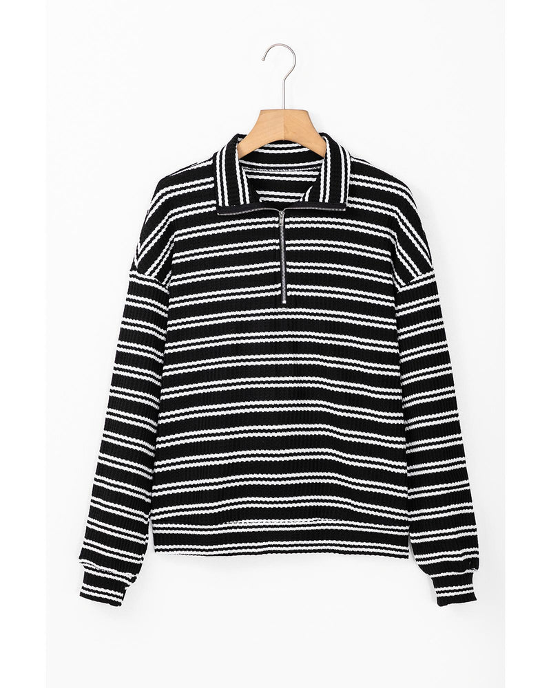 Black Stripe Textured Quarter Zip Collar Long Sleeve Top - M