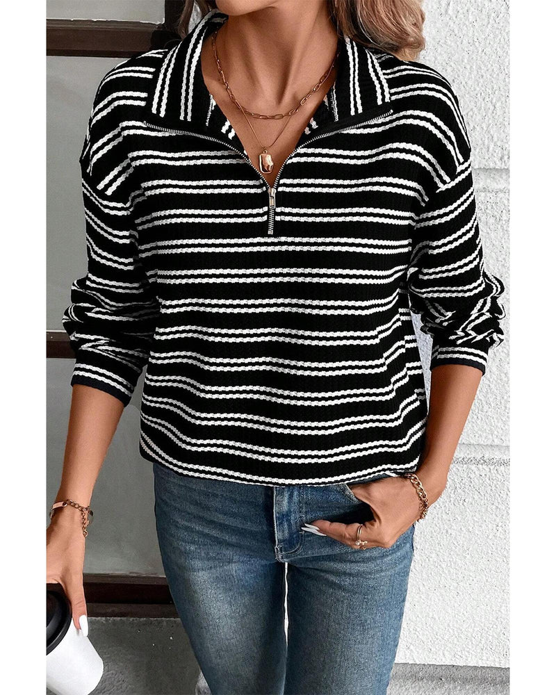 Black Stripe Textured Quarter Zip Collar Long Sleeve Top - M