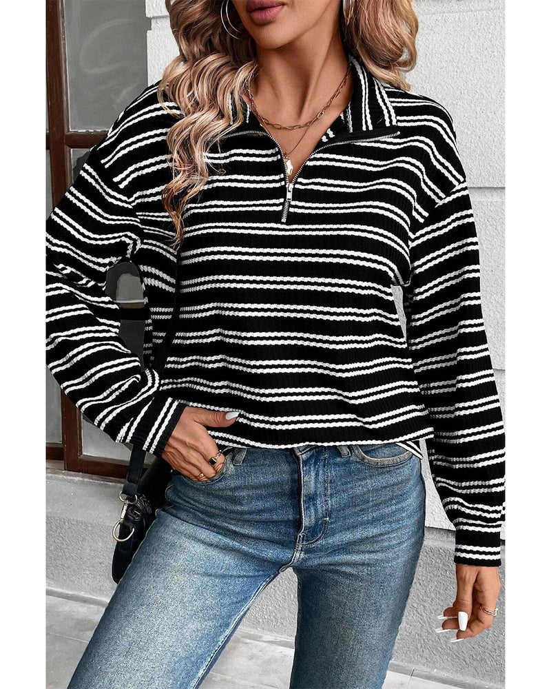 Black Stripe Textured Quarter Zip Collar Long Sleeve Top - M