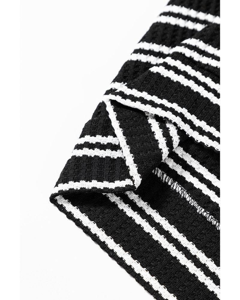 Black Stripe Textured Quarter Zip Collar Long Sleeve Top - M