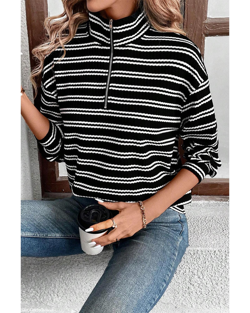 Black Stripe Textured Quarter Zip Collar Long Sleeve Top - XL