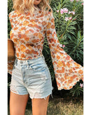 Orange Floral Printed Bell Sleeve Mock Neck Scallop Trim Blouse - L