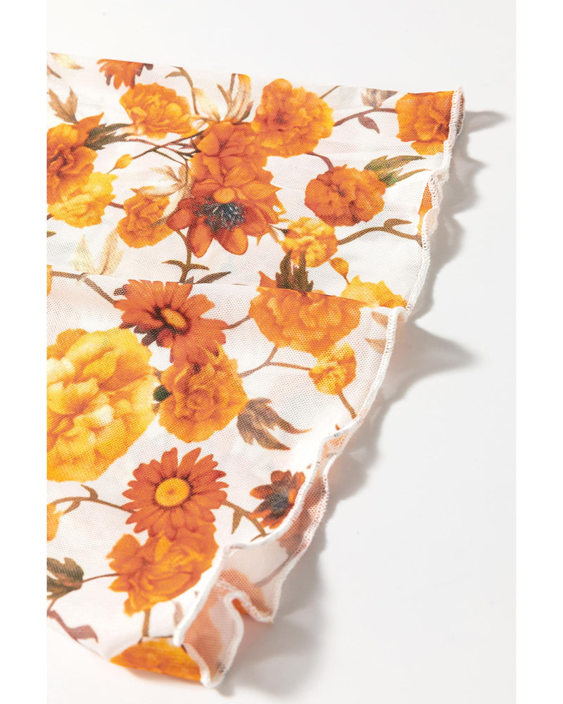 Orange Floral Printed Bell Sleeve Mock Neck Scallop Trim Blouse - L