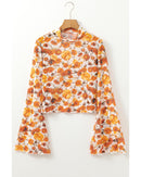 Orange Floral Printed Bell Sleeve Mock Neck Scallop Trim Blouse - L
