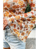 Orange Floral Printed Bell Sleeve Mock Neck Scallop Trim Blouse - L