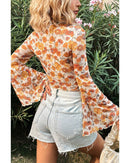 Orange Floral Printed Bell Sleeve Mock Neck Scallop Trim Blouse - M