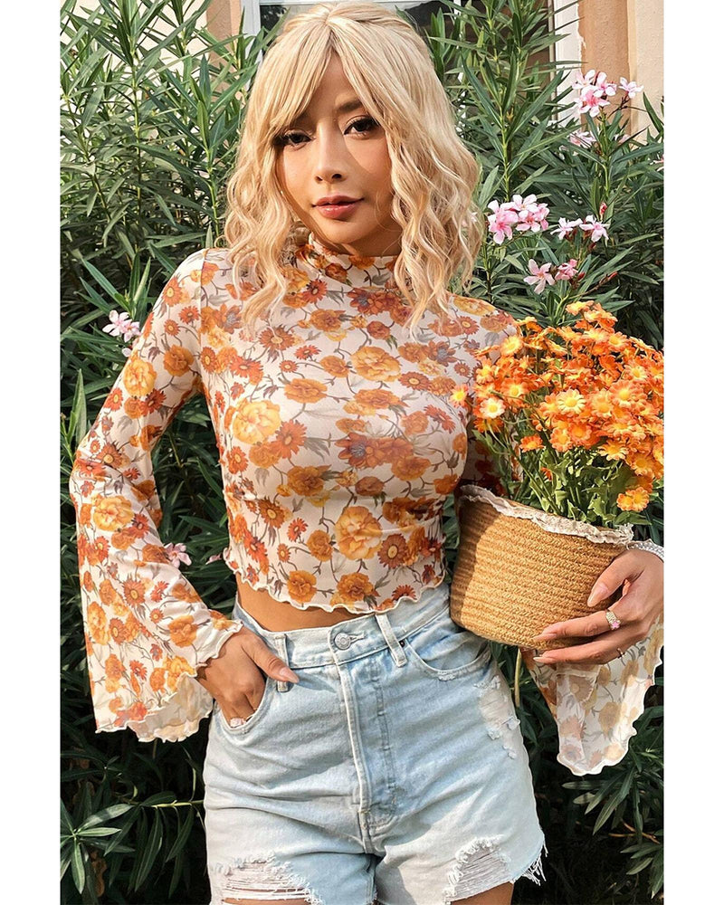 Orange Floral Printed Bell Sleeve Mock Neck Scallop Trim Blouse - M