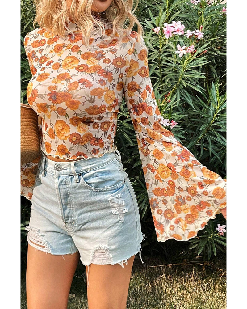 Orange Floral Printed Bell Sleeve Mock Neck Scallop Trim Blouse - M