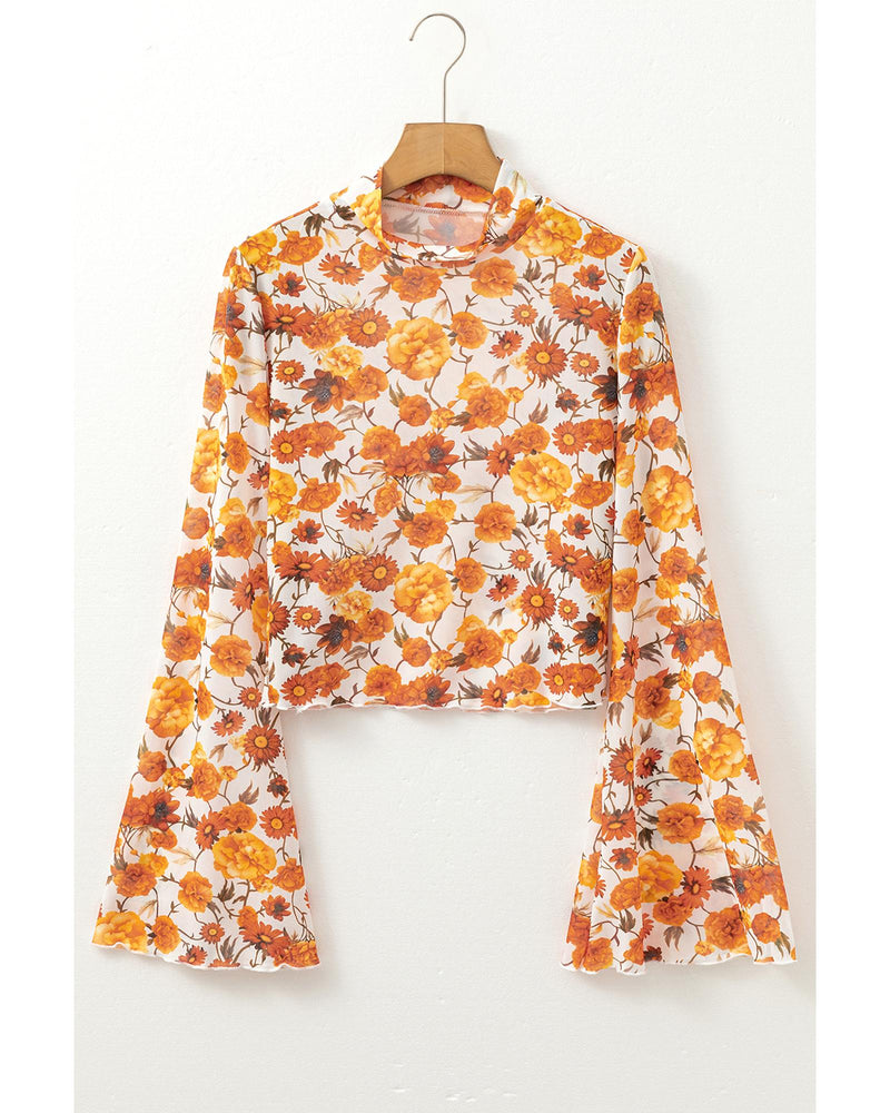 Orange Floral Printed Bell Sleeve Mock Neck Scallop Trim Blouse - M