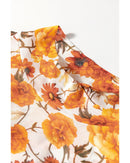 Orange Floral Printed Bell Sleeve Mock Neck Scallop Trim Blouse - S