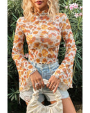 Orange Floral Printed Bell Sleeve Mock Neck Scallop Trim Blouse - XL