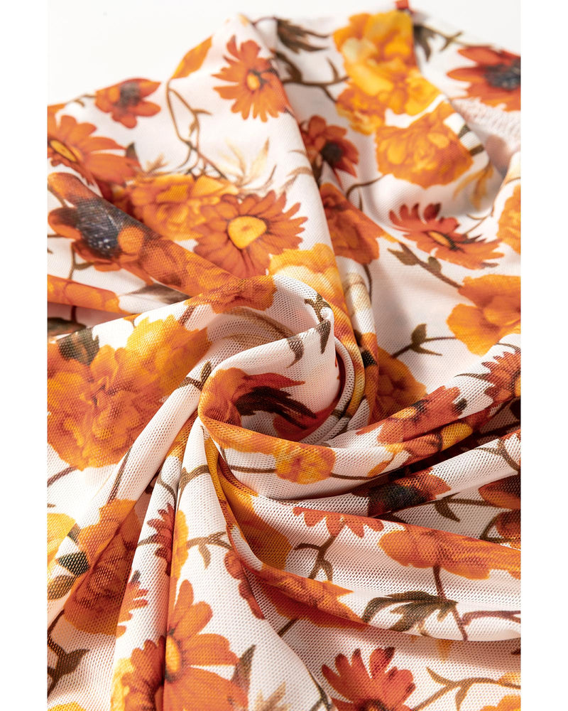 Orange Floral Printed Bell Sleeve Mock Neck Scallop Trim Blouse - XL