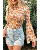 Orange Floral Printed Bell Sleeve Mock Neck Scallop Trim Blouse - XL