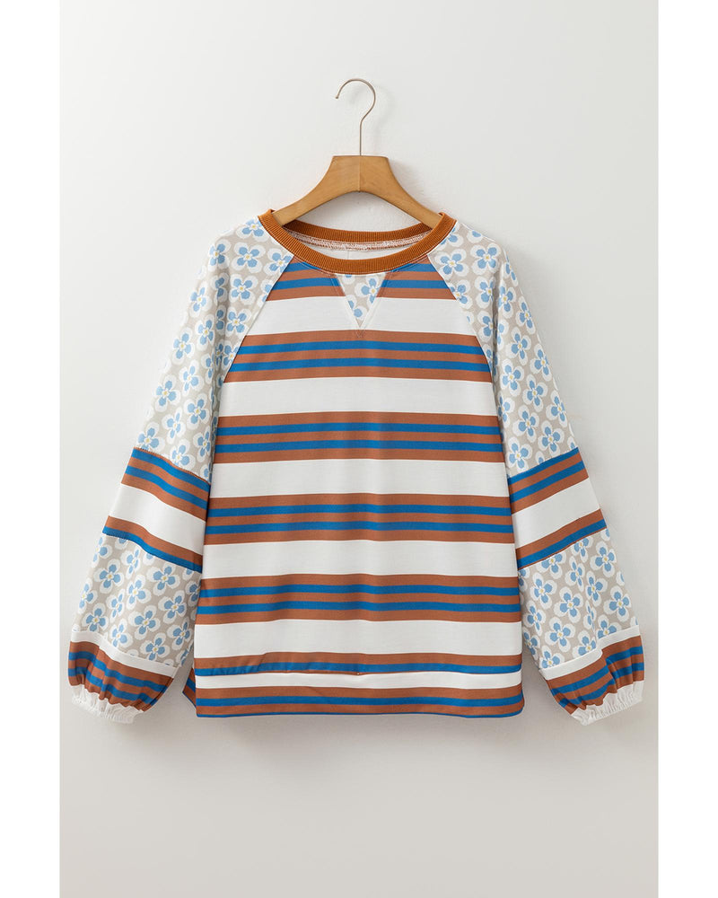 White Striped Floral Printed Patchwork Lantern Sleeve Blouse - L