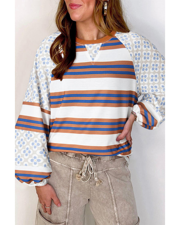 White Striped Floral Printed Patchwork Lantern Sleeve Blouse - M