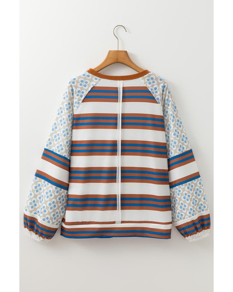 White Striped Floral Printed Patchwork Lantern Sleeve Blouse - M