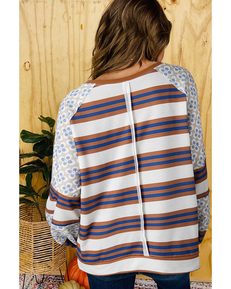 White Striped Floral Printed Patchwork Lantern Sleeve Blouse - S