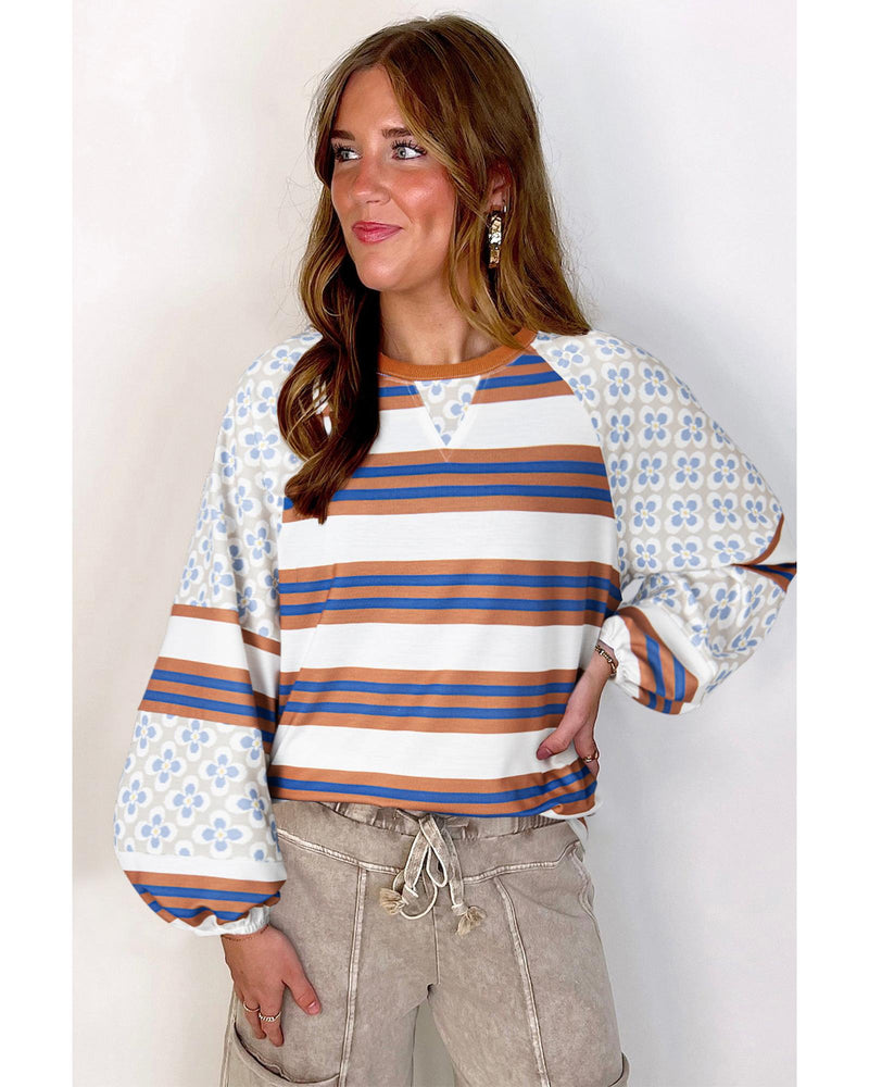 White Striped Floral Printed Patchwork Lantern Sleeve Blouse - XL